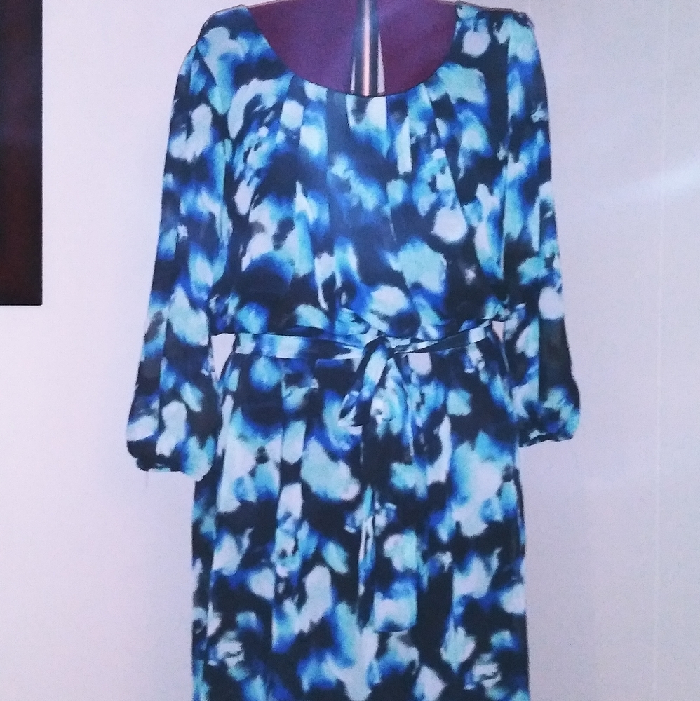 Blue White Blk Tie Die Three Pink Hearts Dress SzL